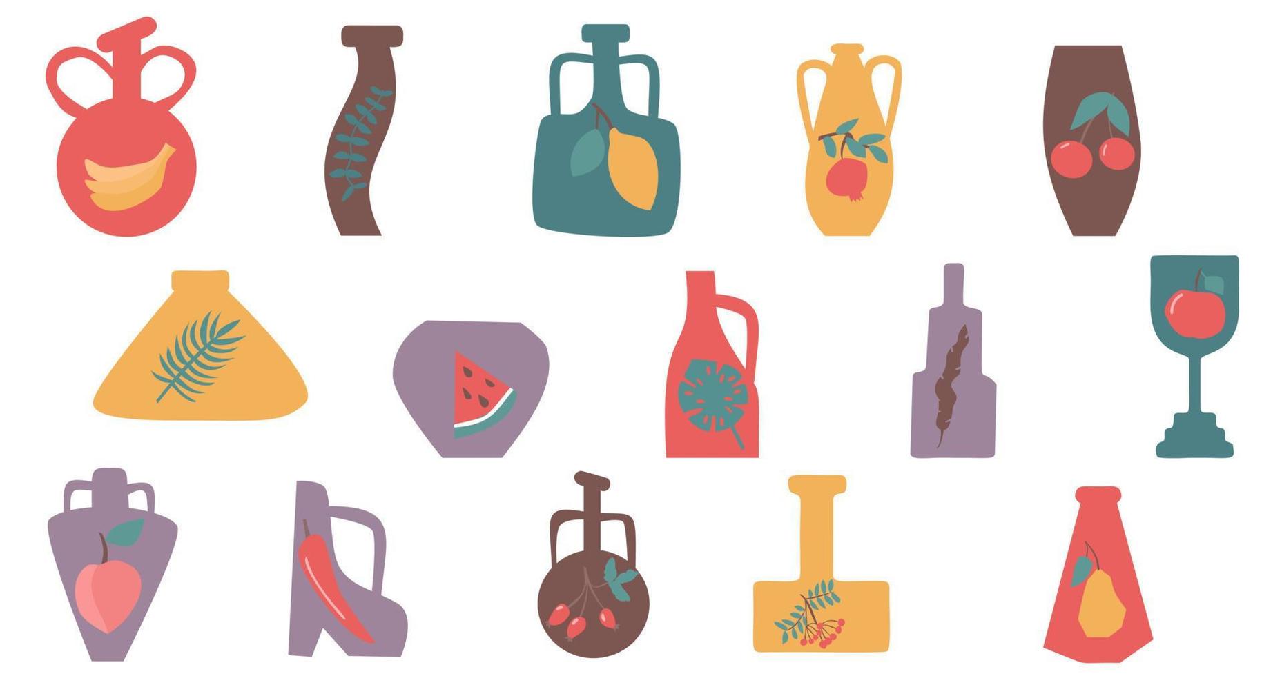 Colorful vases decorated with fruits and leaves set isolated vector illustration