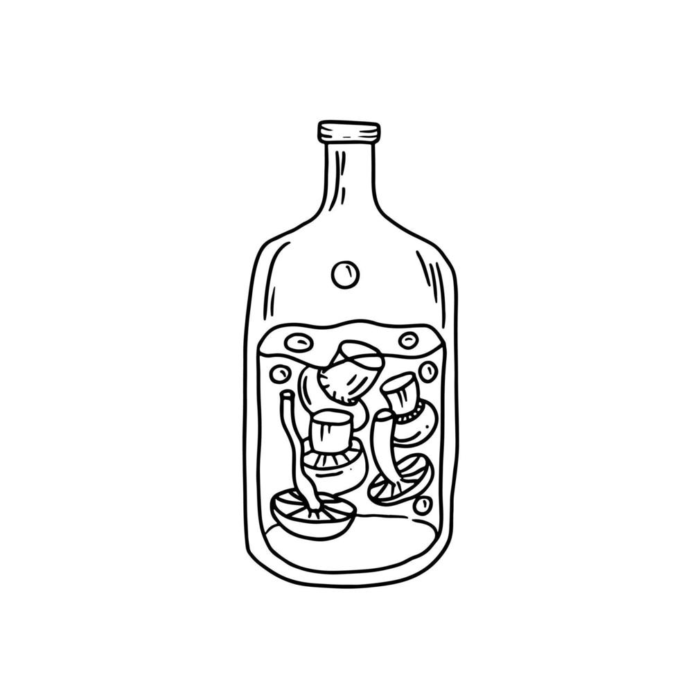 Bottle of magic potion with mushrooms. Hand drawn vector illustration in doodle style.