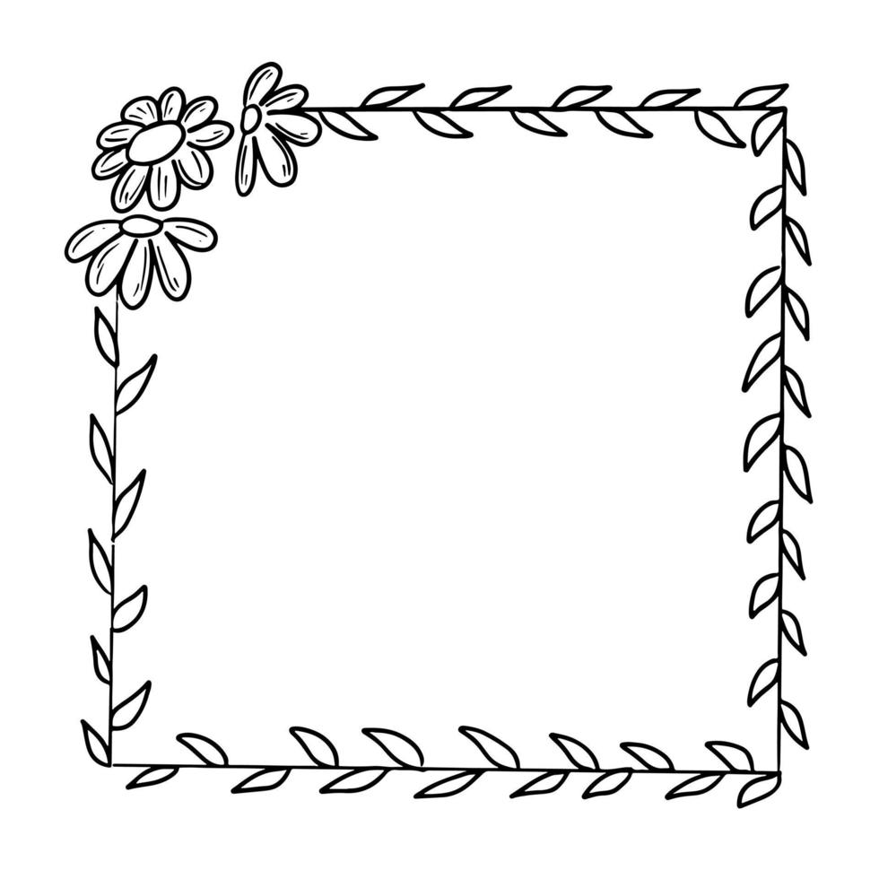 Hand drawn floral square wreath. Botanical wreath in line style. Doodle vector illustration.