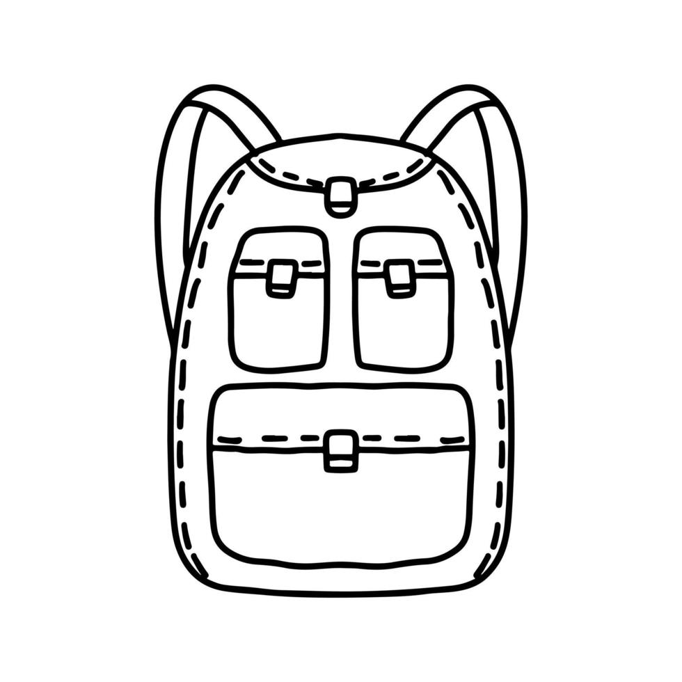 Backpack in doodle style. Hand drawn image for print, sticker, web, various designs. Vector element for the themes of school, travel, vacation, tourism.