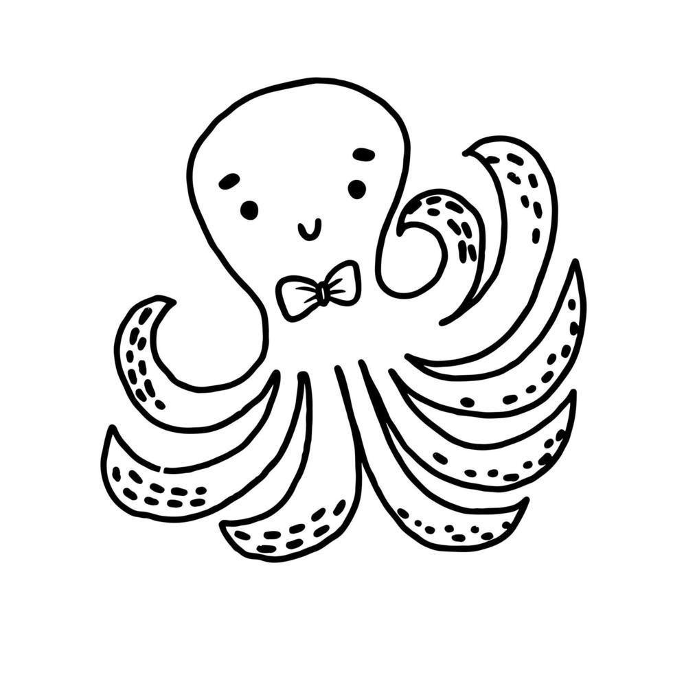 pulpo divertido con pajarita clipart en estilo garabato. Ilustración de vector de animal marino lindo dibujado a mano.