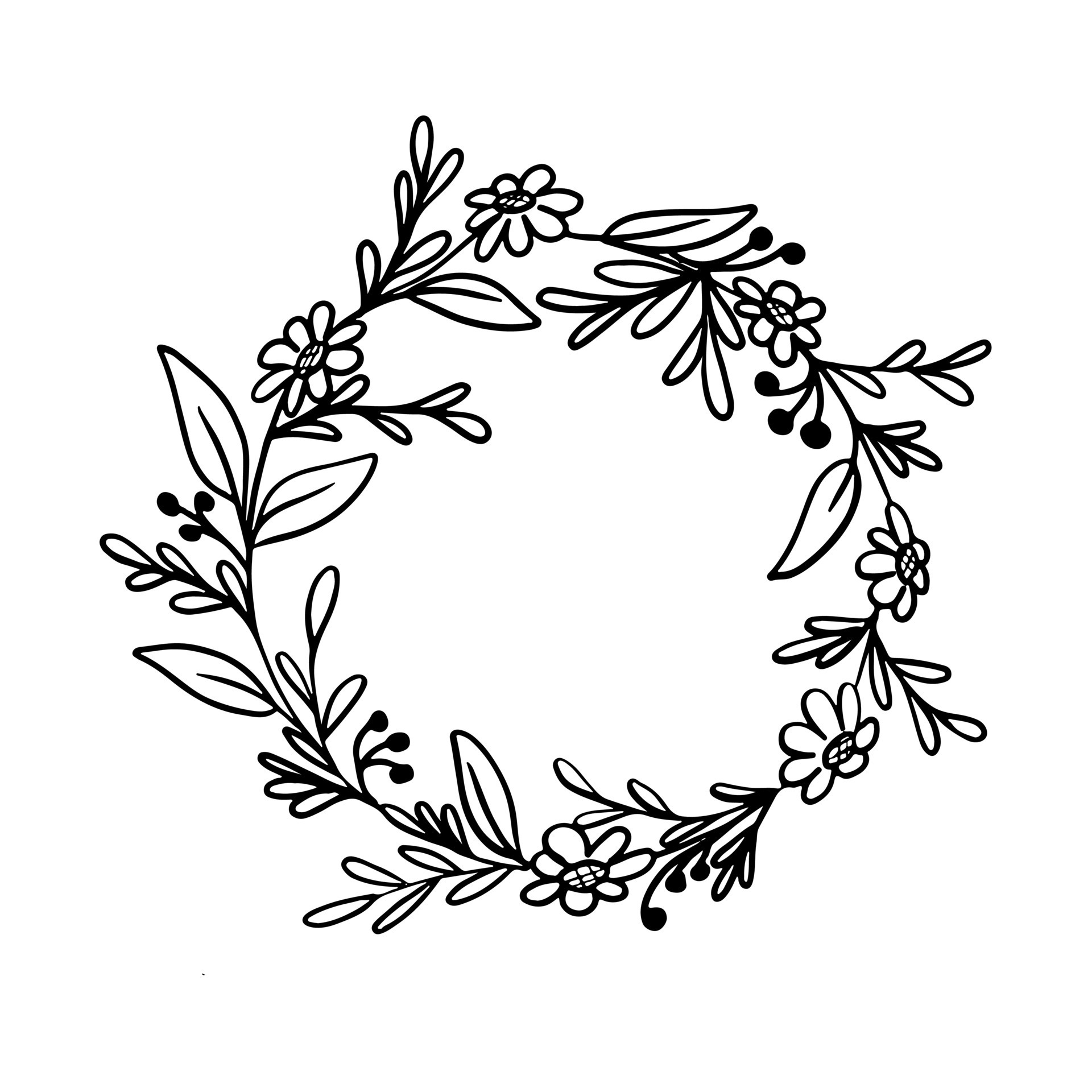 Hand drawn floral wreath. Botanical wreath in line style. Doodle vector