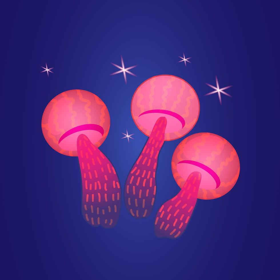 Fantastic glowing blue mushrooms on dark backdrop vector illustration.