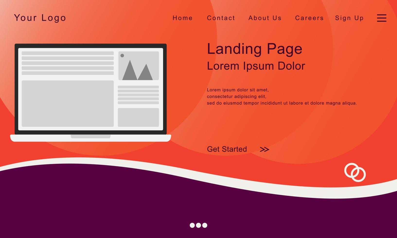 Flat design website landing page with laptop and navigation menu. Vector illustration.