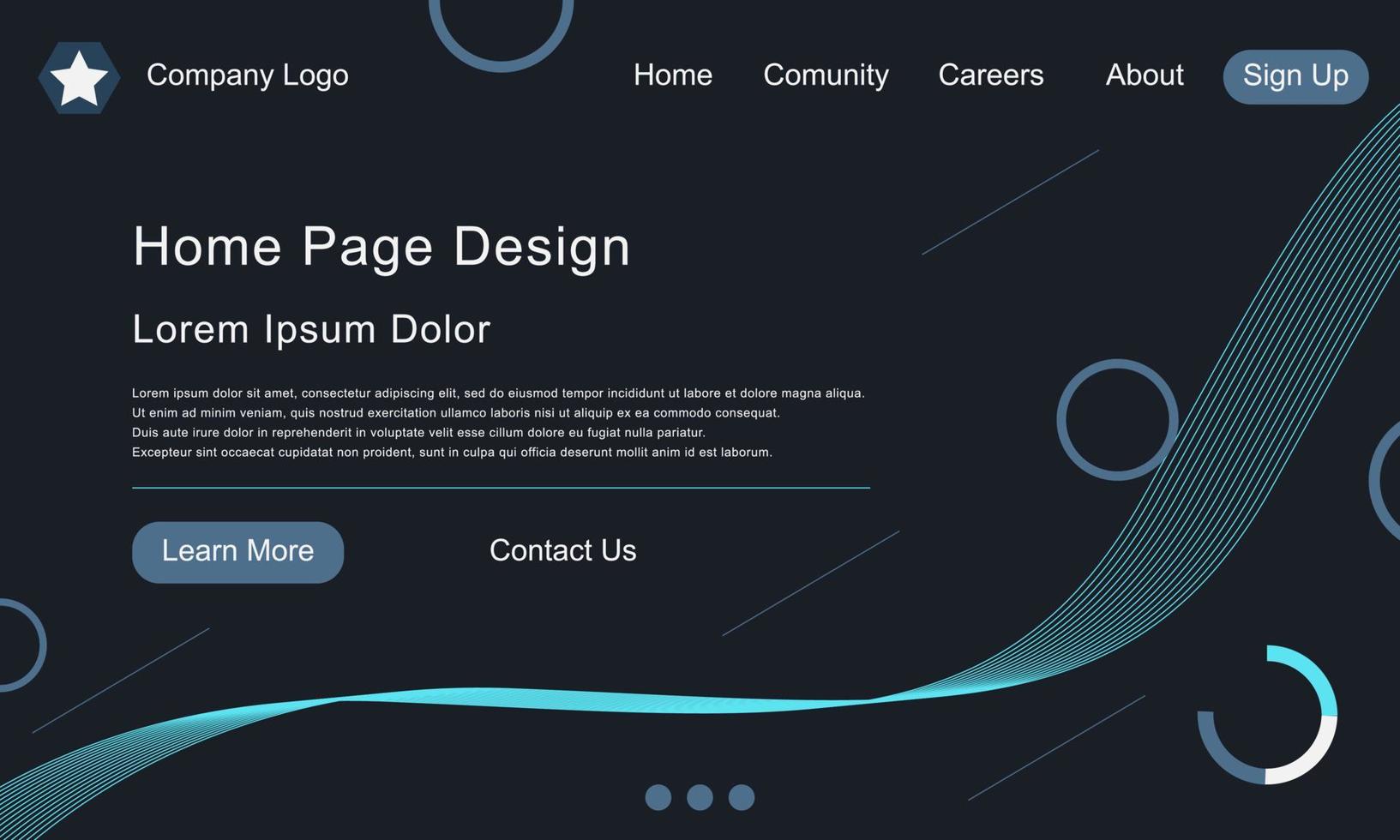 Elegant landing page template dark color with light blue outline. UI design. Vector illustration