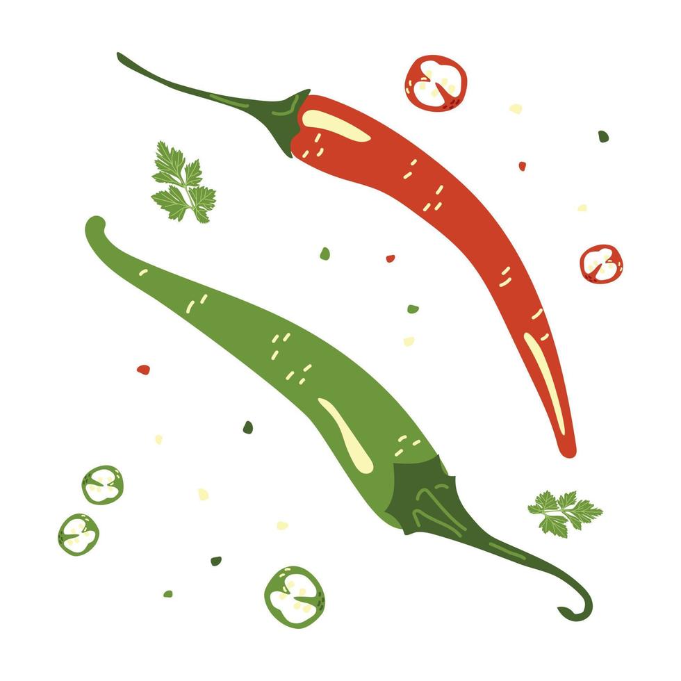 chile picante vegetal pimiento verde y rojo vector