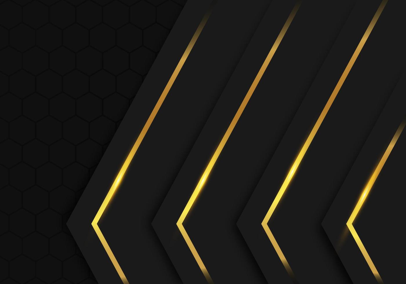 Modern Black Luxury Background with Gold Line Decoration on Dark Hexagon Pattern Metallic Background vector