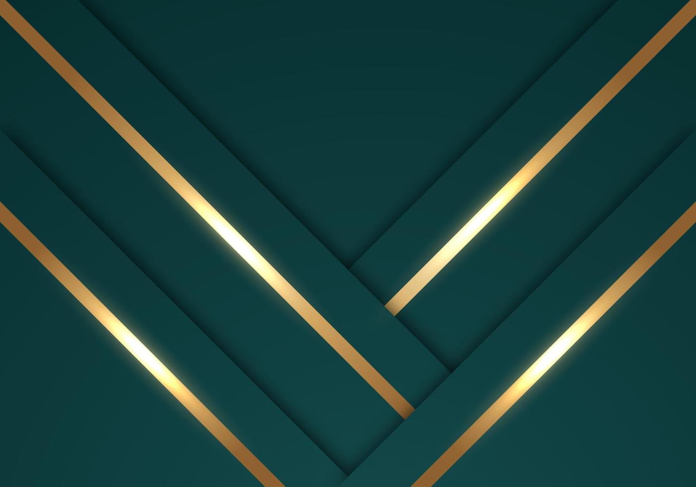 las líneas doradas brillantes abstractas se superponen en diagonal lujoso fondo verde oscuro con espacio de copia para texto vector