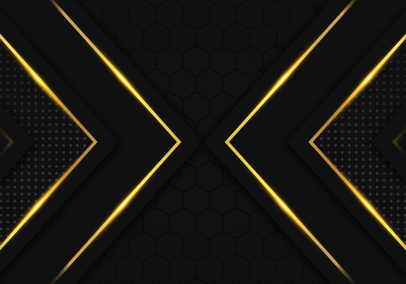 fondo de lujo negro moderno con decoración de línea dorada sobre fondo metálico de patrón hexagonal oscuro vector