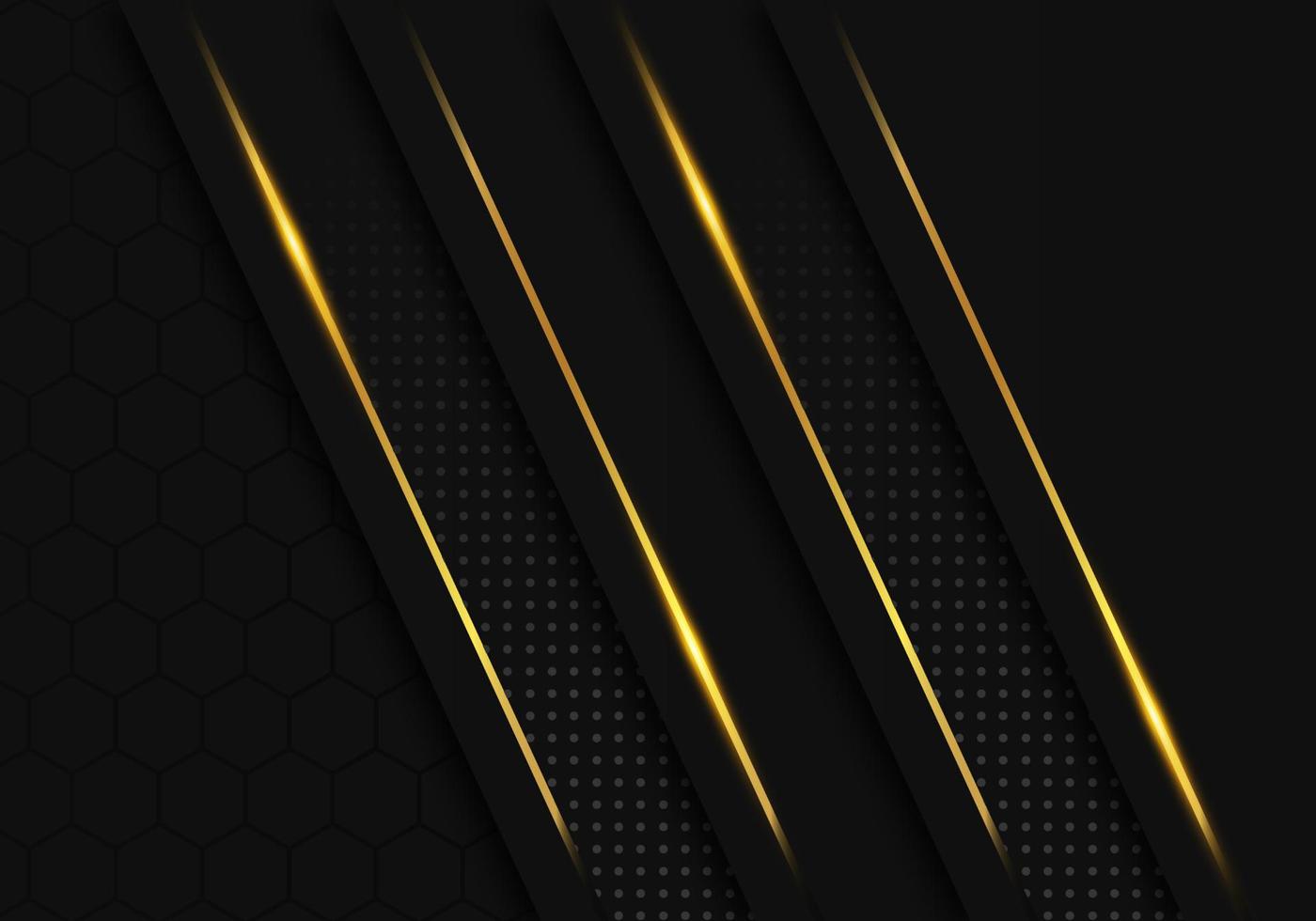 Modern Black Luxury Background with Gold Line Decoration on Dark Hexagon Pattern Metallic Background vector