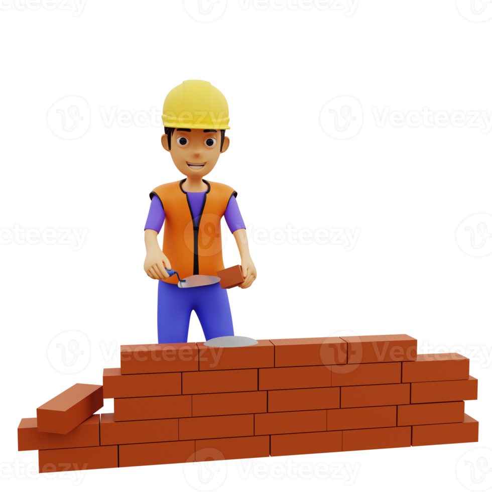 3d hombre trabajador de la construcción personaje poniendo ladrillos png