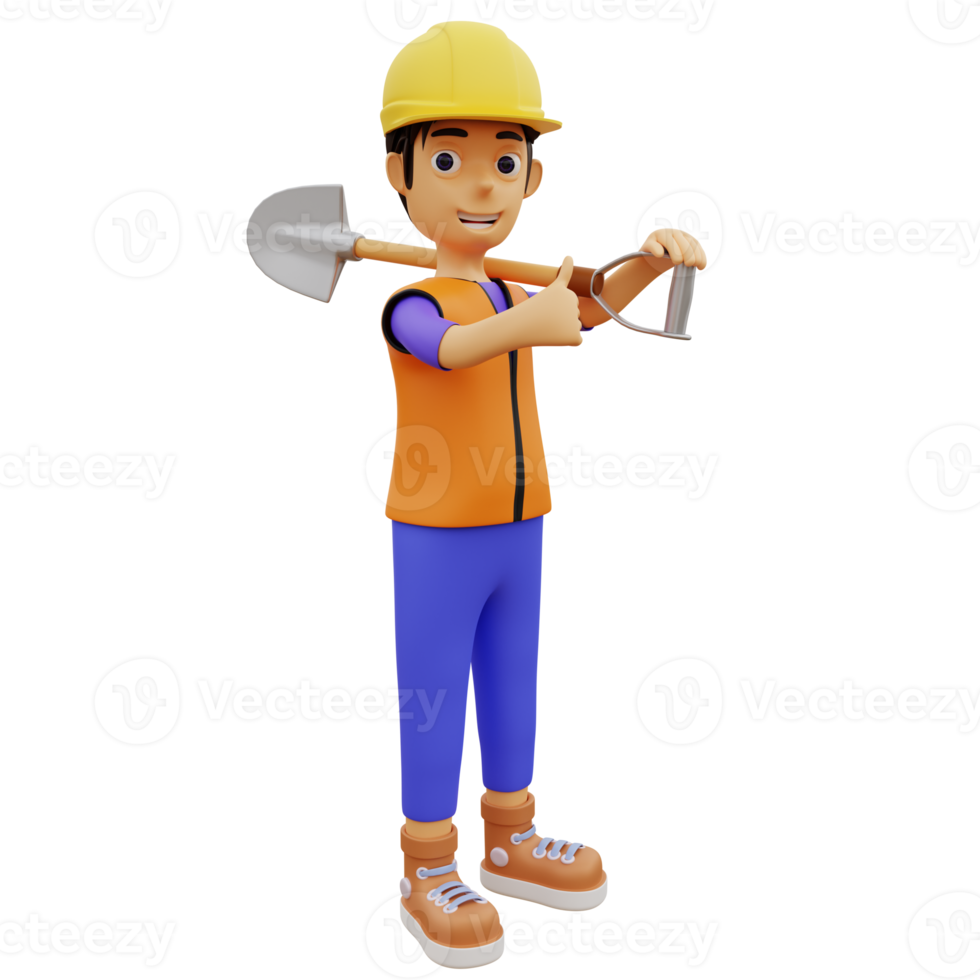 3d personagem masculino trabalhador da construção civil segurando uma pá png