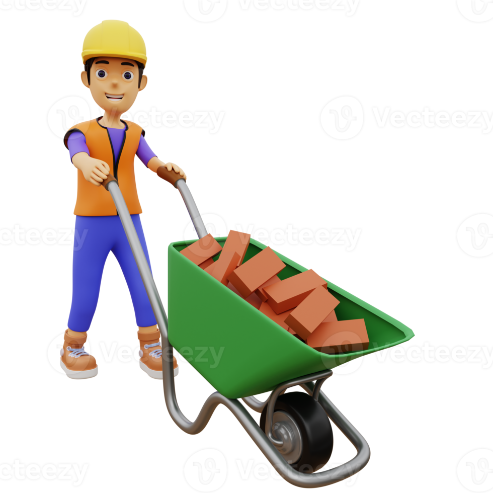 3D Character male construction worker carrying bricks with wheelbarrow png