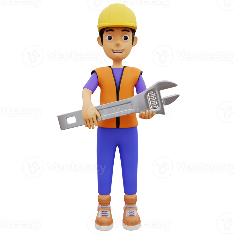3D karaktär manliga byggnadsarbetare håller skiftnyckel png