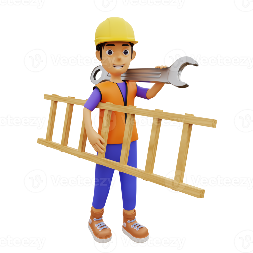 3D Character male construction worker carrying ladder and wrench png