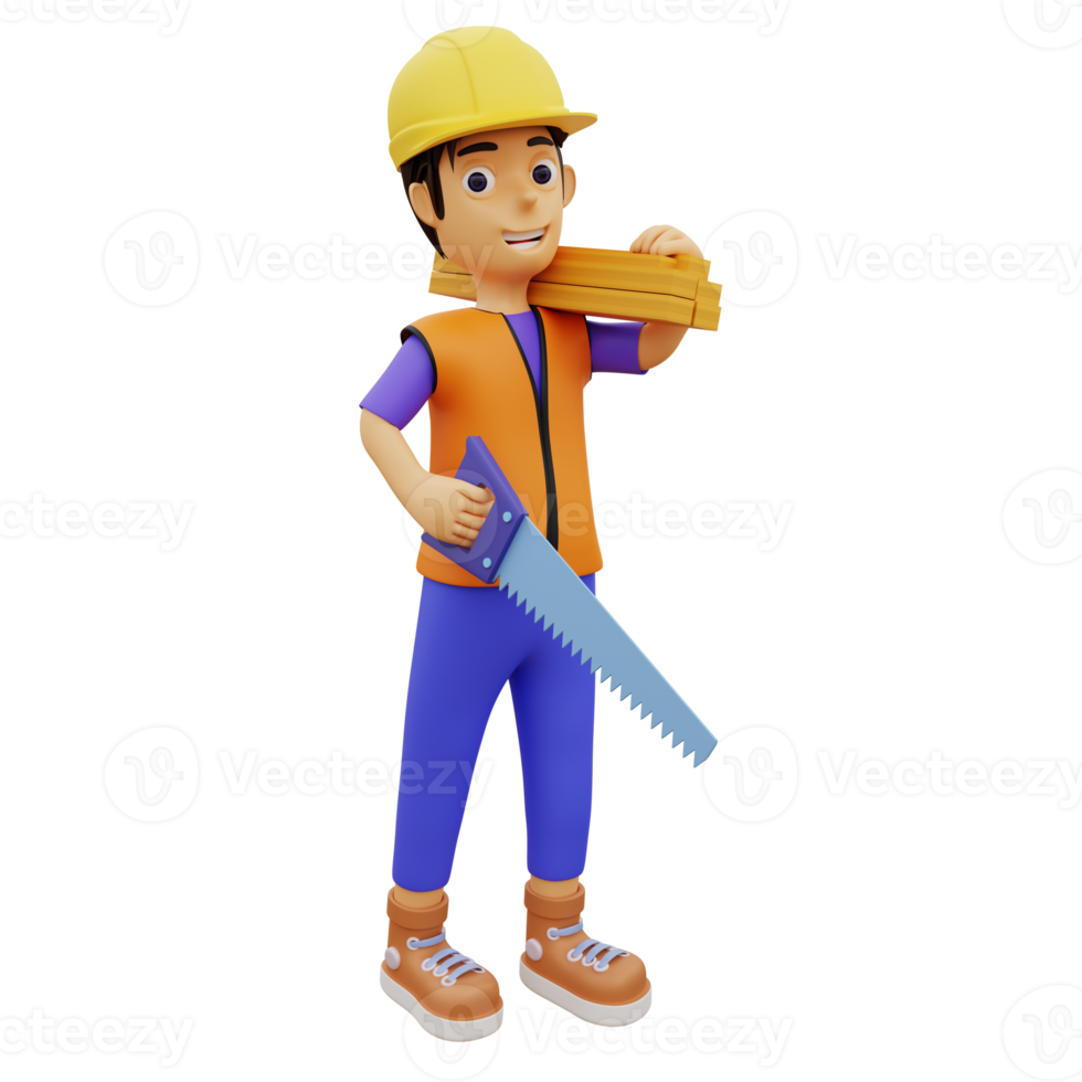 3D Character construction worker man holding saw png