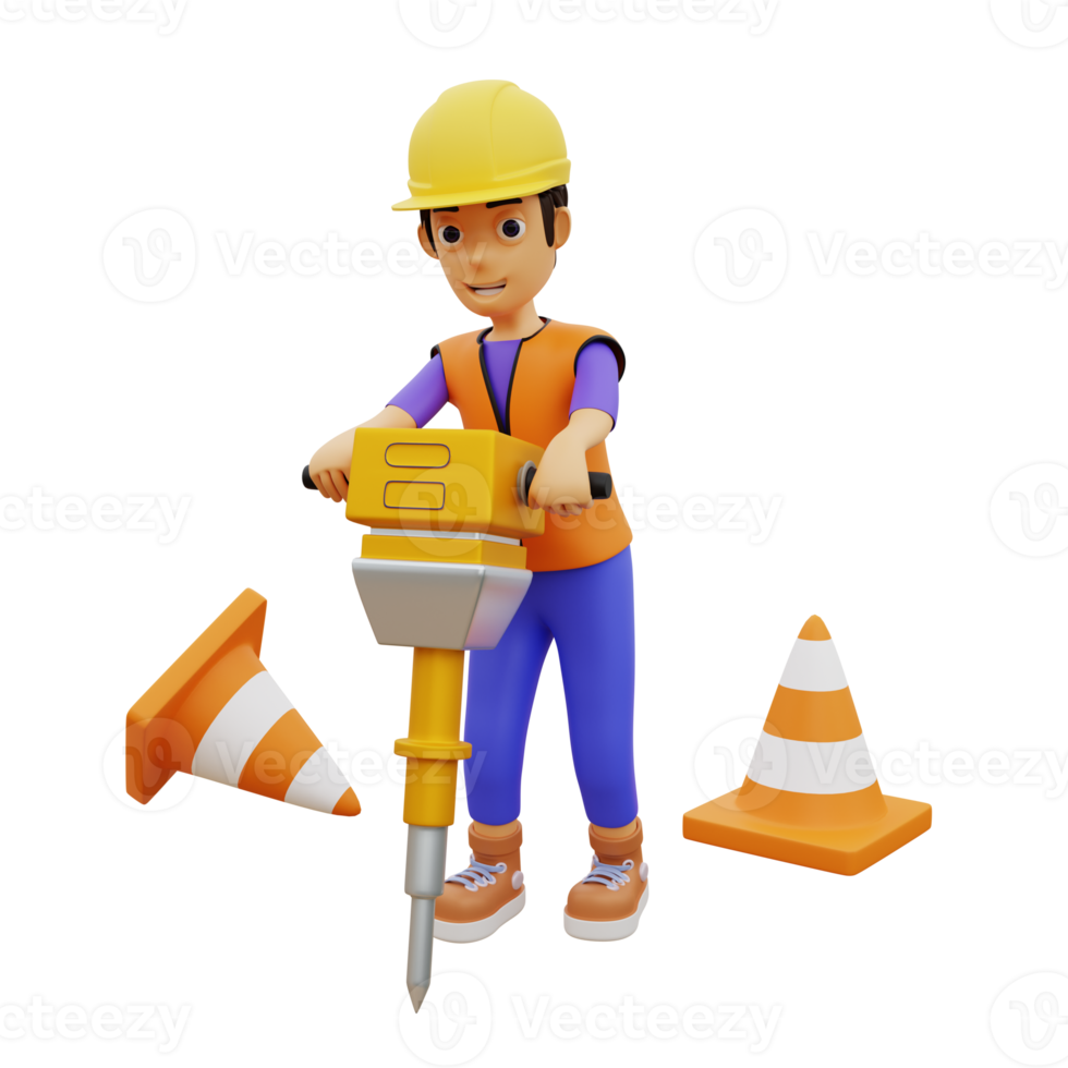 3D Character male construction worker with jackhammer png