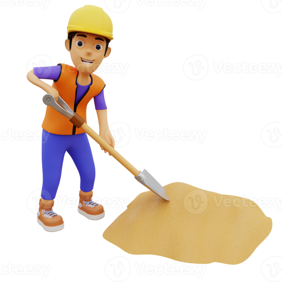 3D karaktär manlig byggnadsarbetare spade och sand png