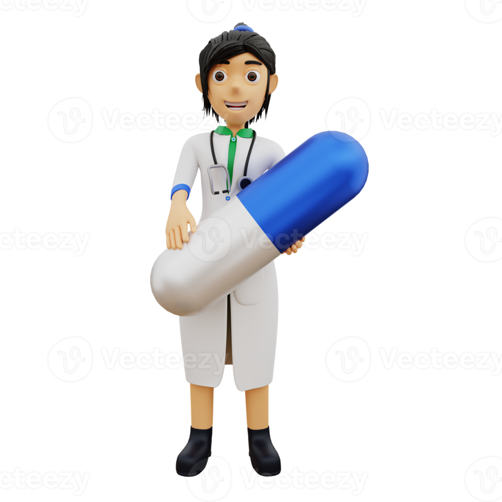 médica de personagem 3d com cápsula de medicamento png