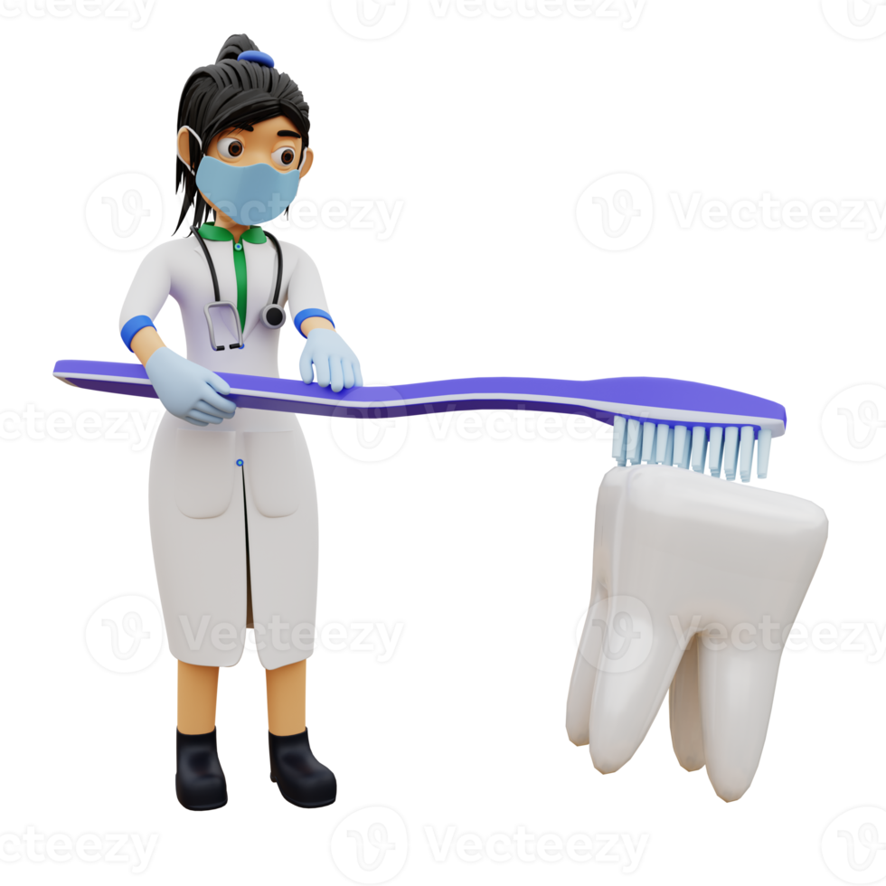 3d karakter vrouwelijke tandarts die tanden schoonmaakt png