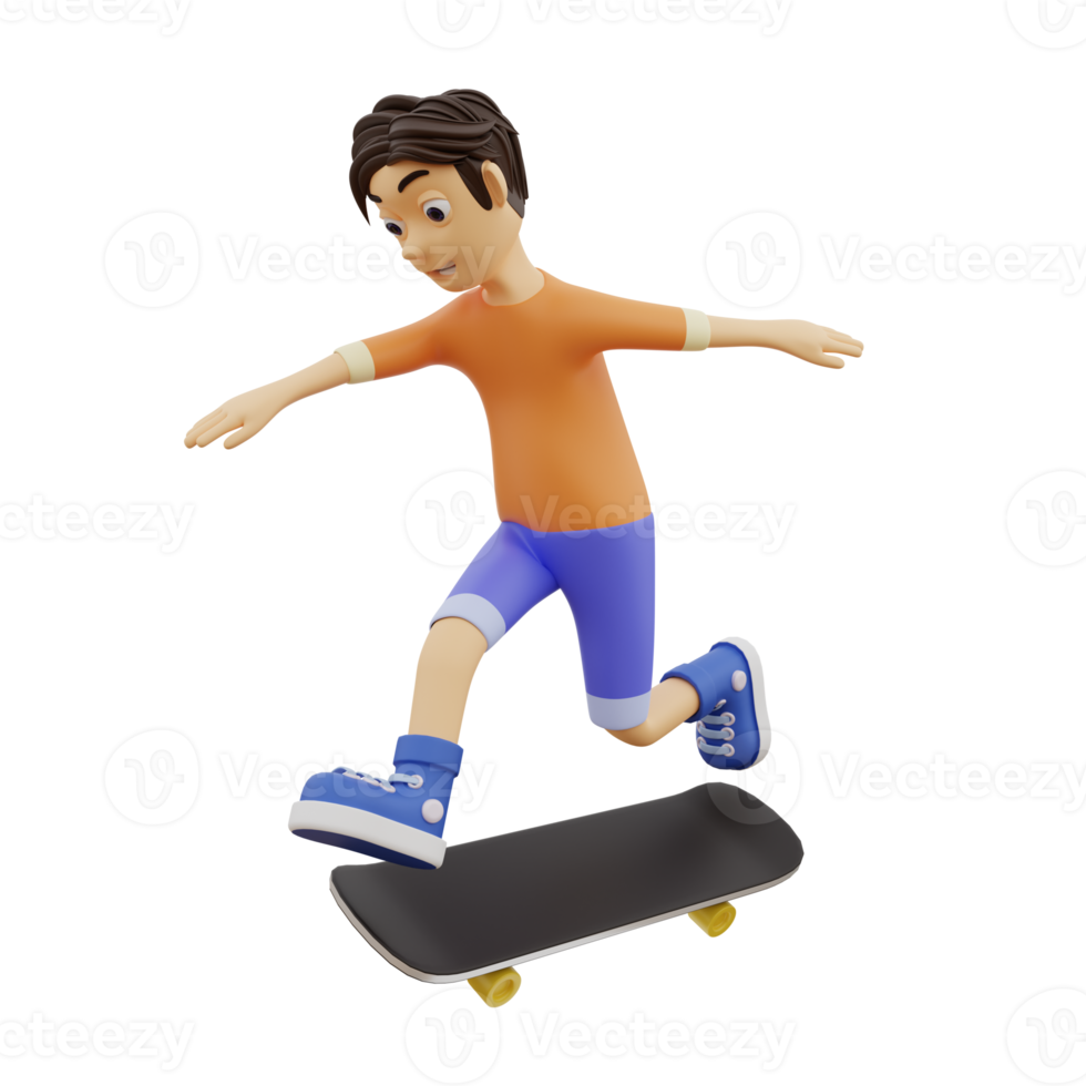 3D-personage dat skateboarden speelt png