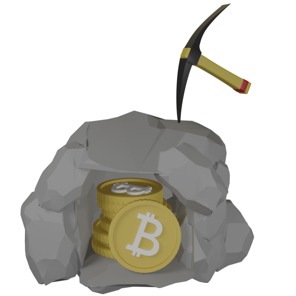 Illustrazione 3d di piccone rock con preziose monete d'oro con simbolo bitcoin per il concetto di mining di criptovaluta su sfondo nero png