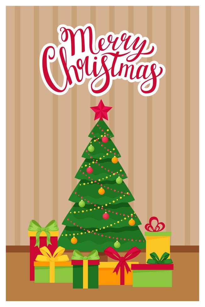 Template new year, Christmas greeting card with the words Merry Christmas. Elegant Christmas tree with gift boxes in the room. Concept of a card in a flat style with elements and symbols of Christmas. vector