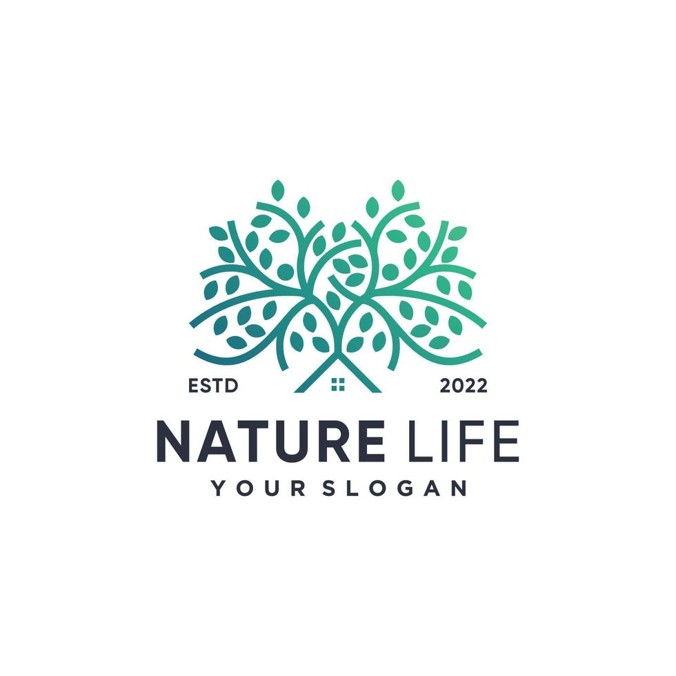 Nature life logo with house and tree concept Premium Vector