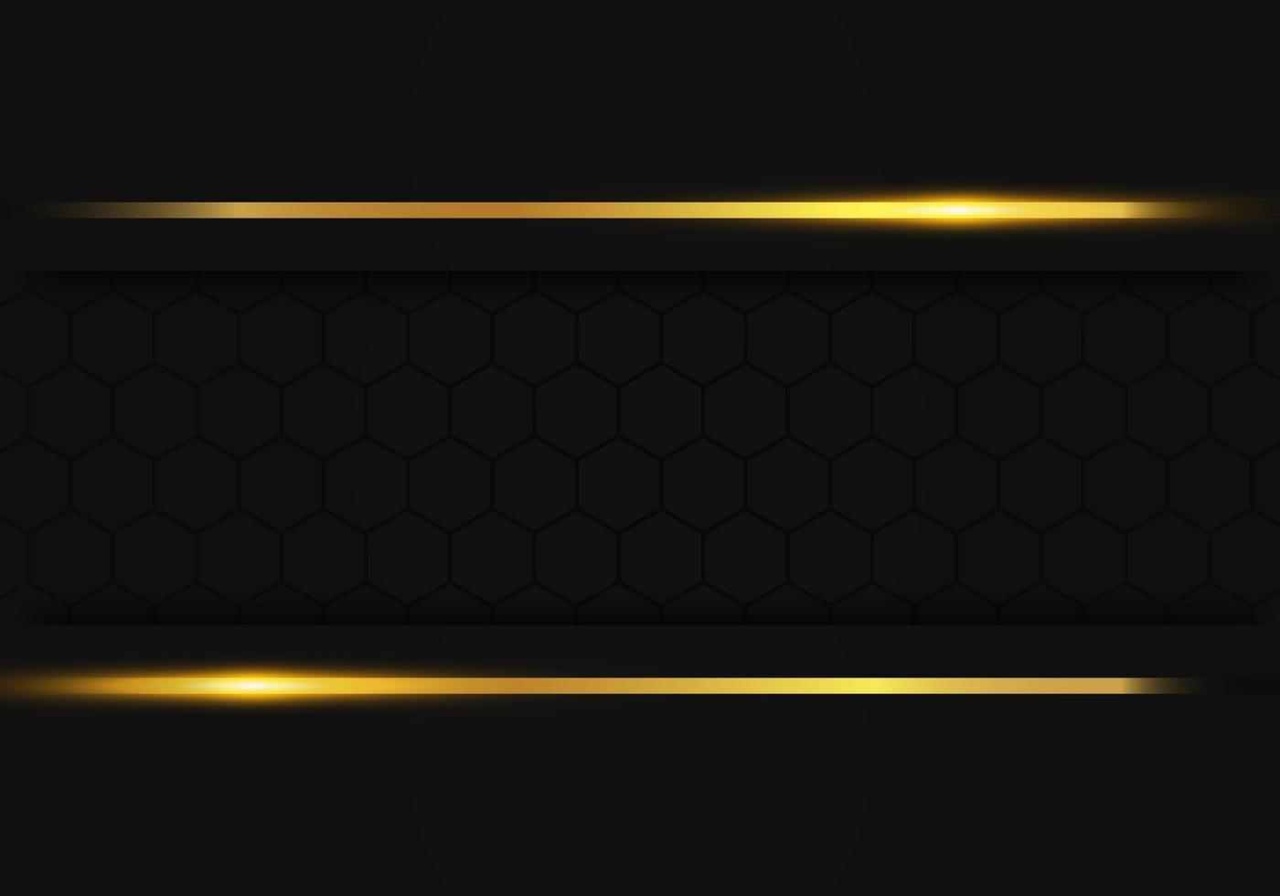 Modern Black Luxury Background with Gold Line Decoration on Dark Hexagon Pattern Metallic Background vector