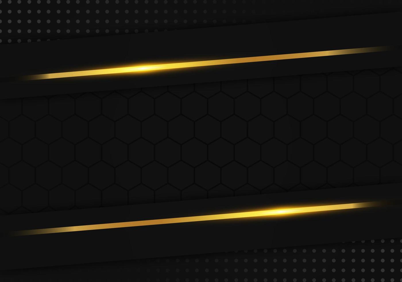 Modern Black Luxury Background with Gold Line Decoration on Dark Hexagon Pattern Metallic Background vector