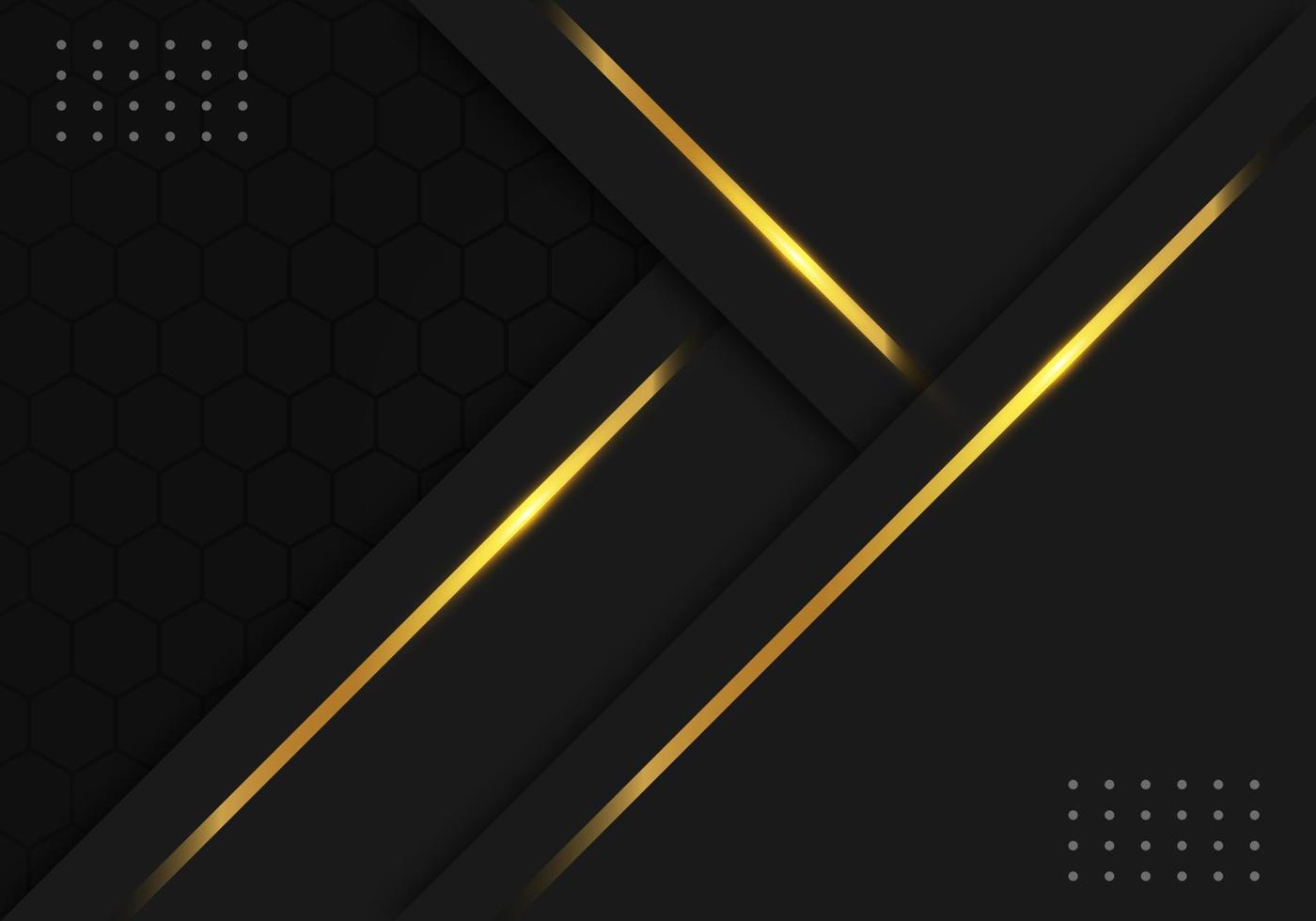 Modern Black Luxury Background with Gold Line Decoration on Dark Hexagon Pattern Metallic Background vector