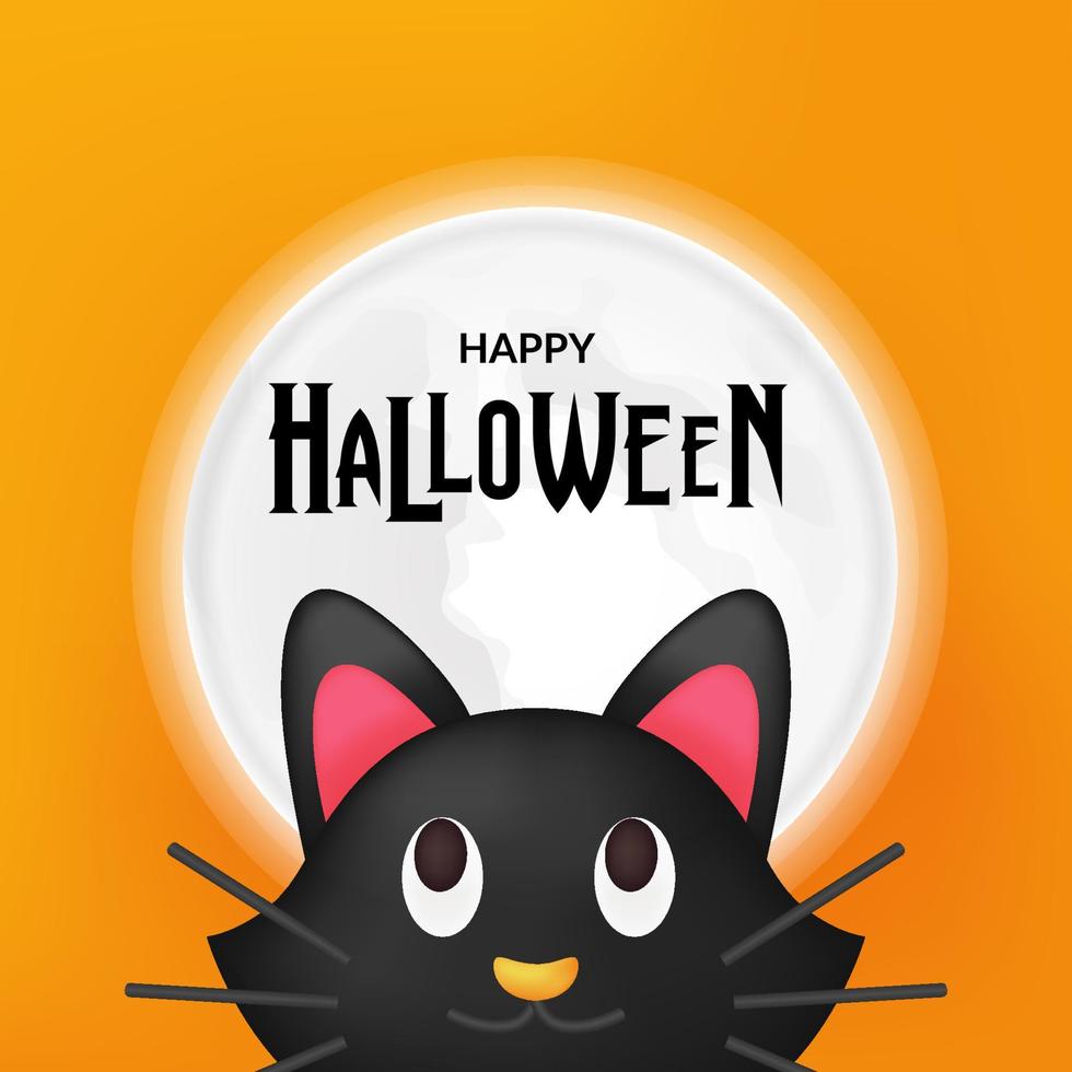 feliz plantilla de tarjeta de felicitación de halloween con lindo gato negro con ilustración de luna llena con fondo de noche naranja vector