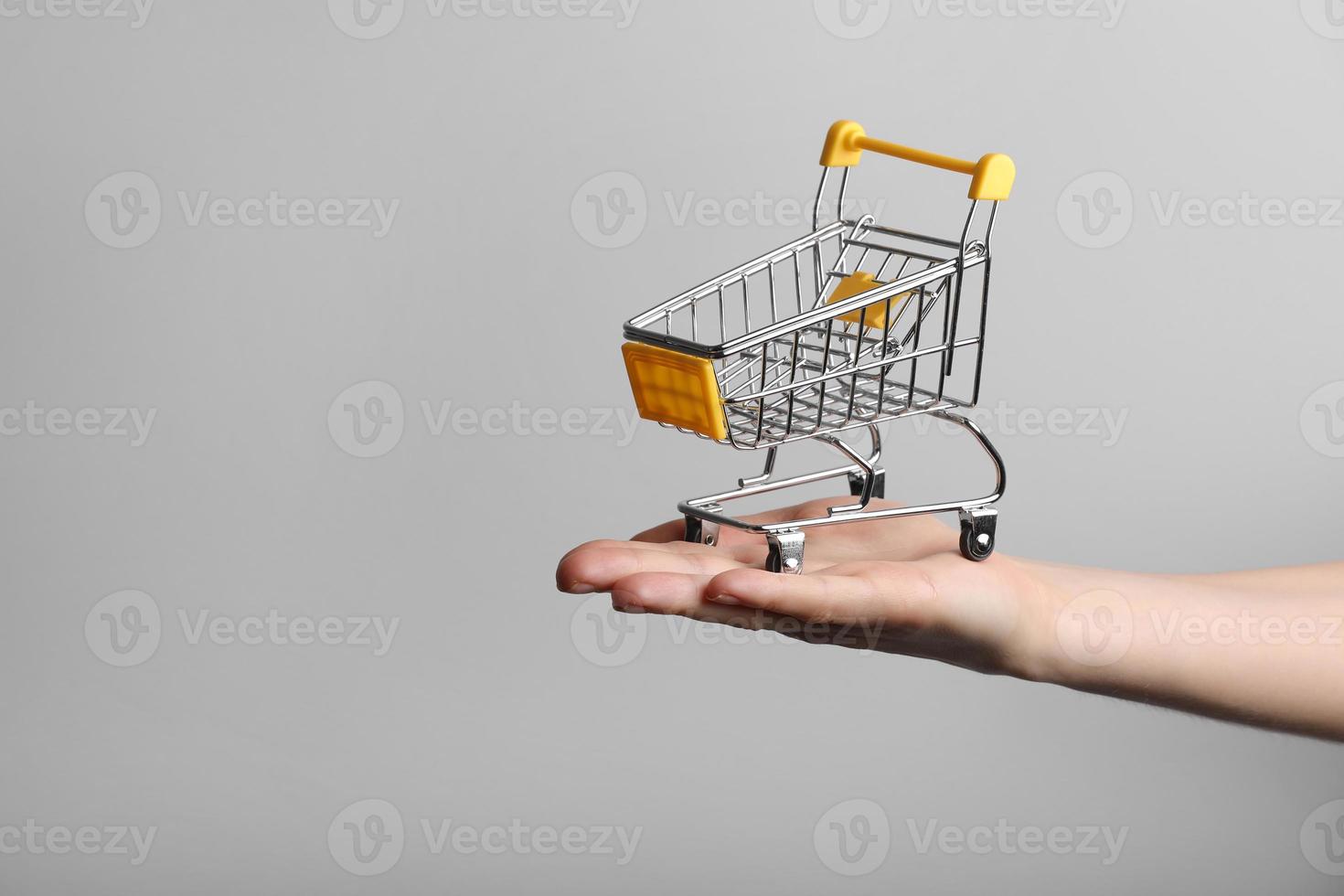 Hand holding shopping cart on a light background. Concept of buy shopping cart, online shopping, shopping. photo