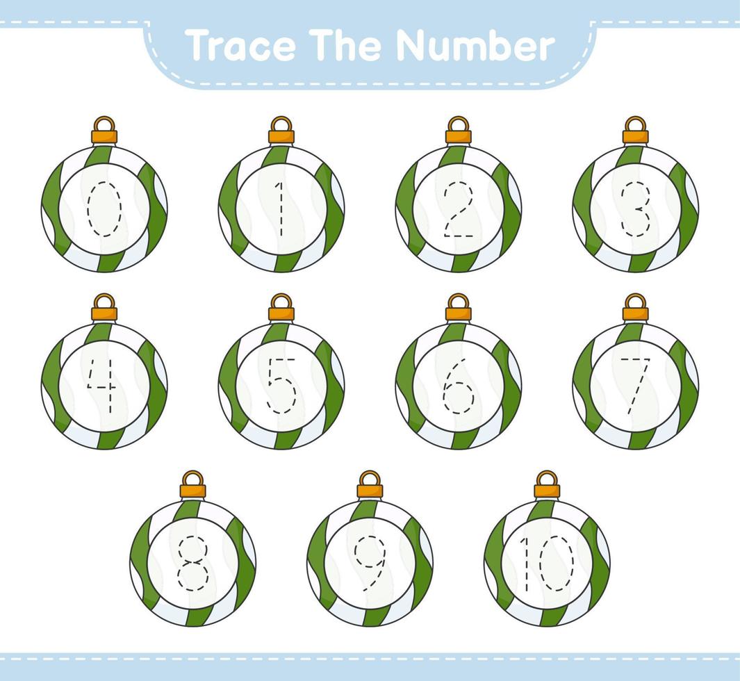 Trace the number. Tracing number with Christmas Ball. Educational children game, printable worksheet, vector illustration
