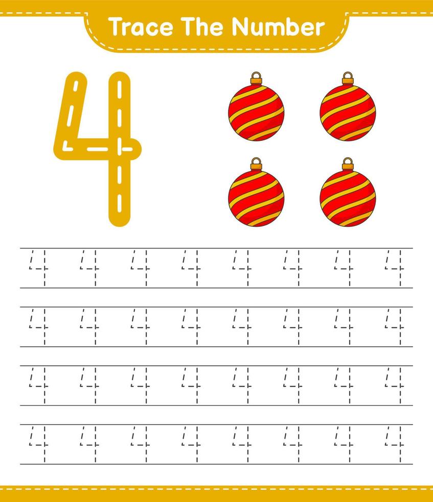 Trace the number. Tracing number with Christmas Ball. Educational children game, printable worksheet, vector illustration