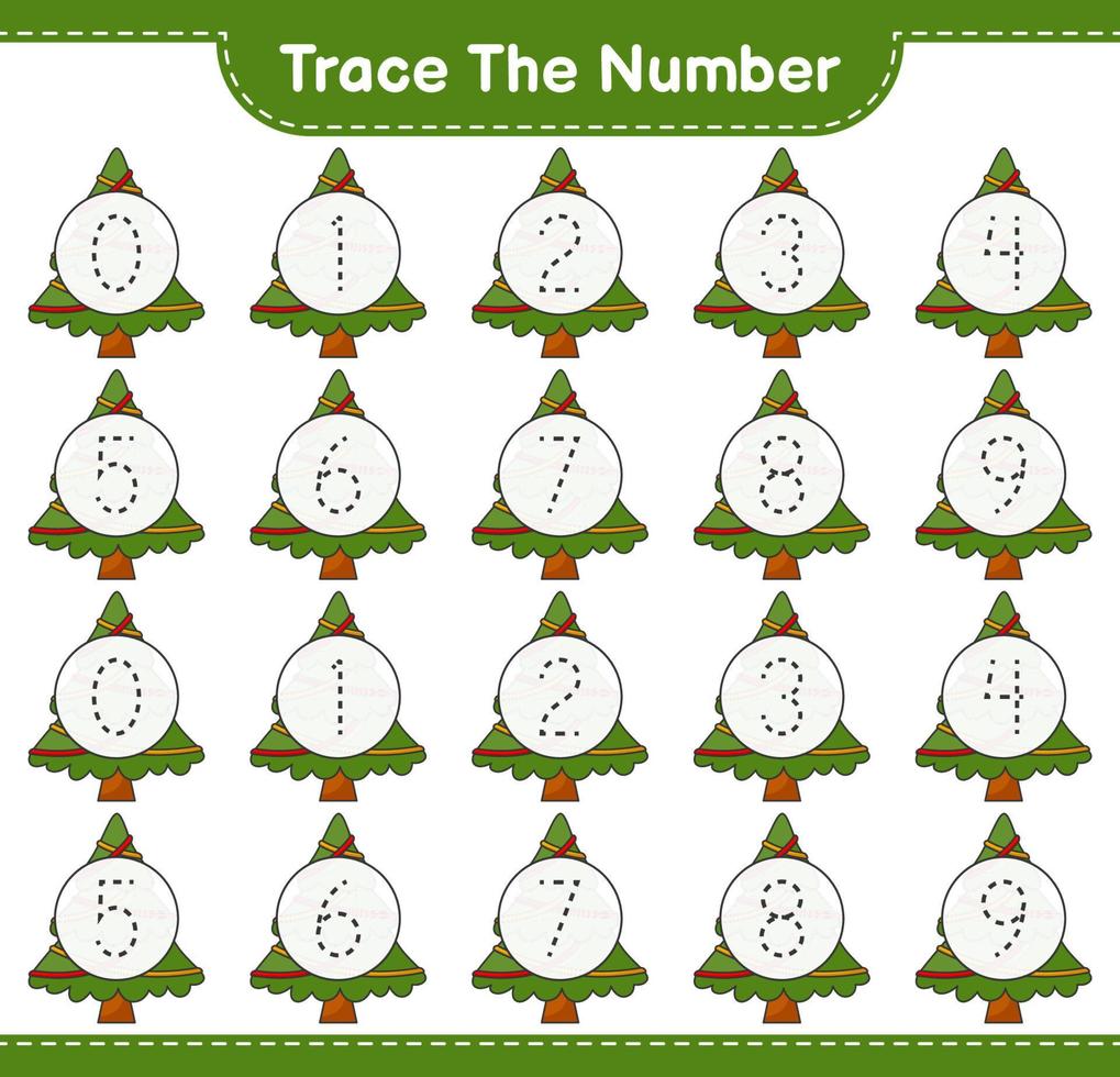 Trace the number. Tracing number with Christmas Tree. Educational children game, printable worksheet, vector illustration