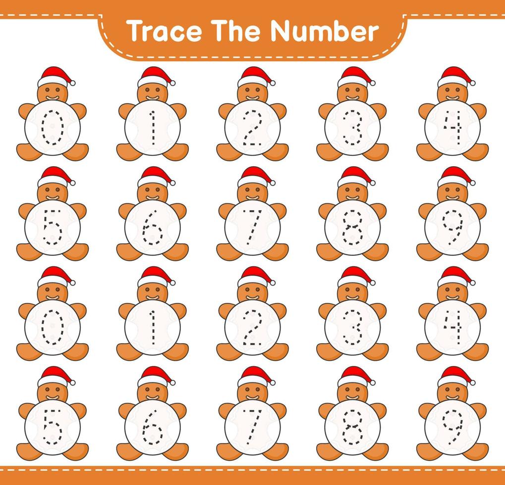 Trace the number. Tracing number with Gingerbread Man. Educational children game, printable worksheet, vector illustration