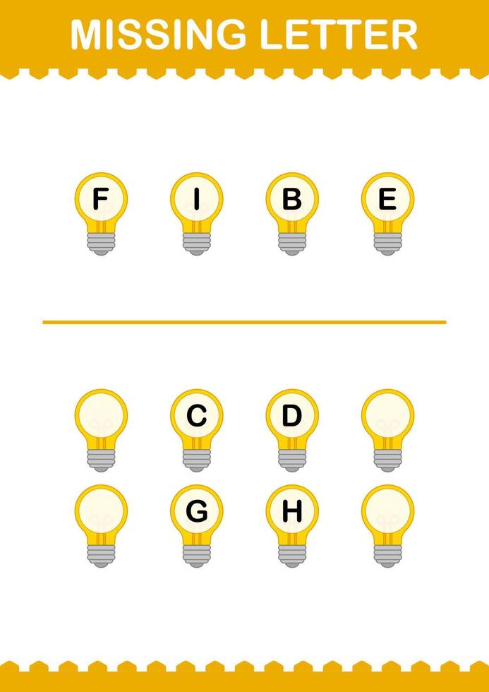 Missing letter with Bulb. Worksheet for kids vector