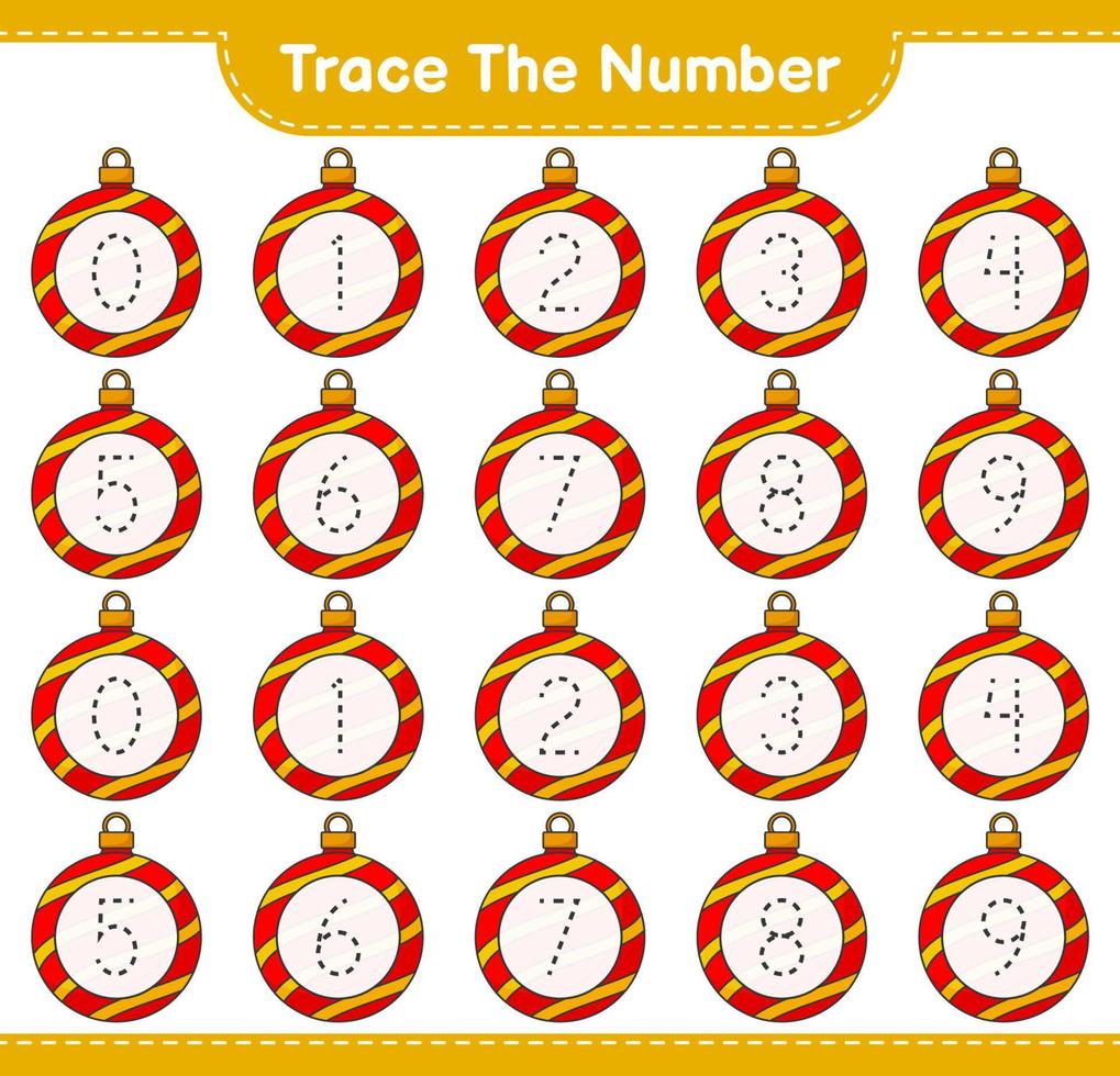 Trace the number. Tracing number with Christmas Ball. Educational children game, printable worksheet, vector illustration