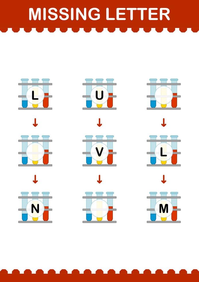 Missing letter with Test Tube. Worksheet for kids vector