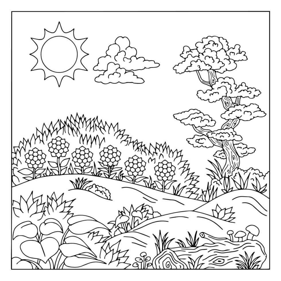 Design Vector Coloring Page for Kid Landscape Garden