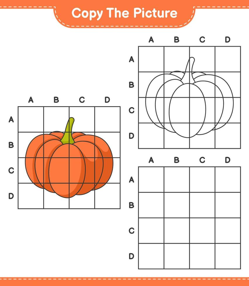 Copy the picture, copy the picture of Pumpkin using grid lines. Educational children game, printable worksheet, vector illustration