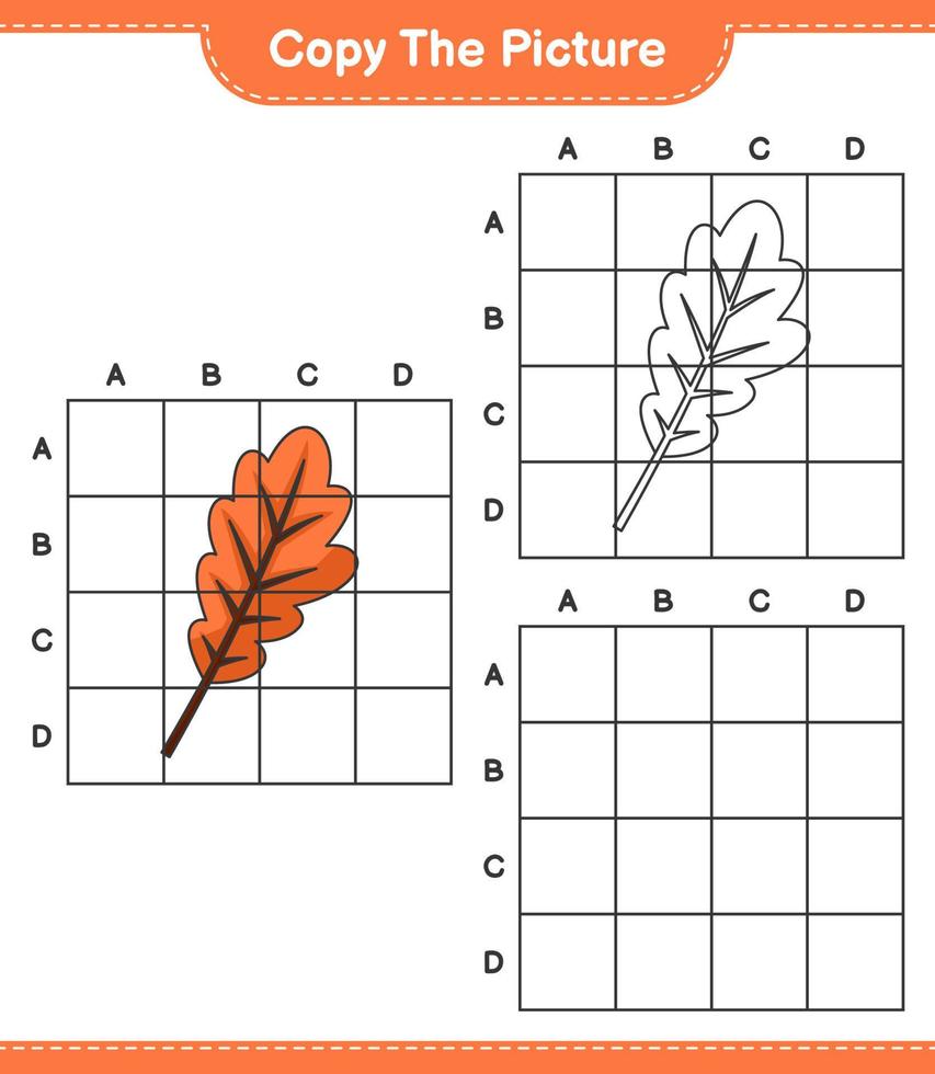 Copy the picture, copy the picture of Oak Leaf using grid lines. Educational children game, printable worksheet, vector illustration