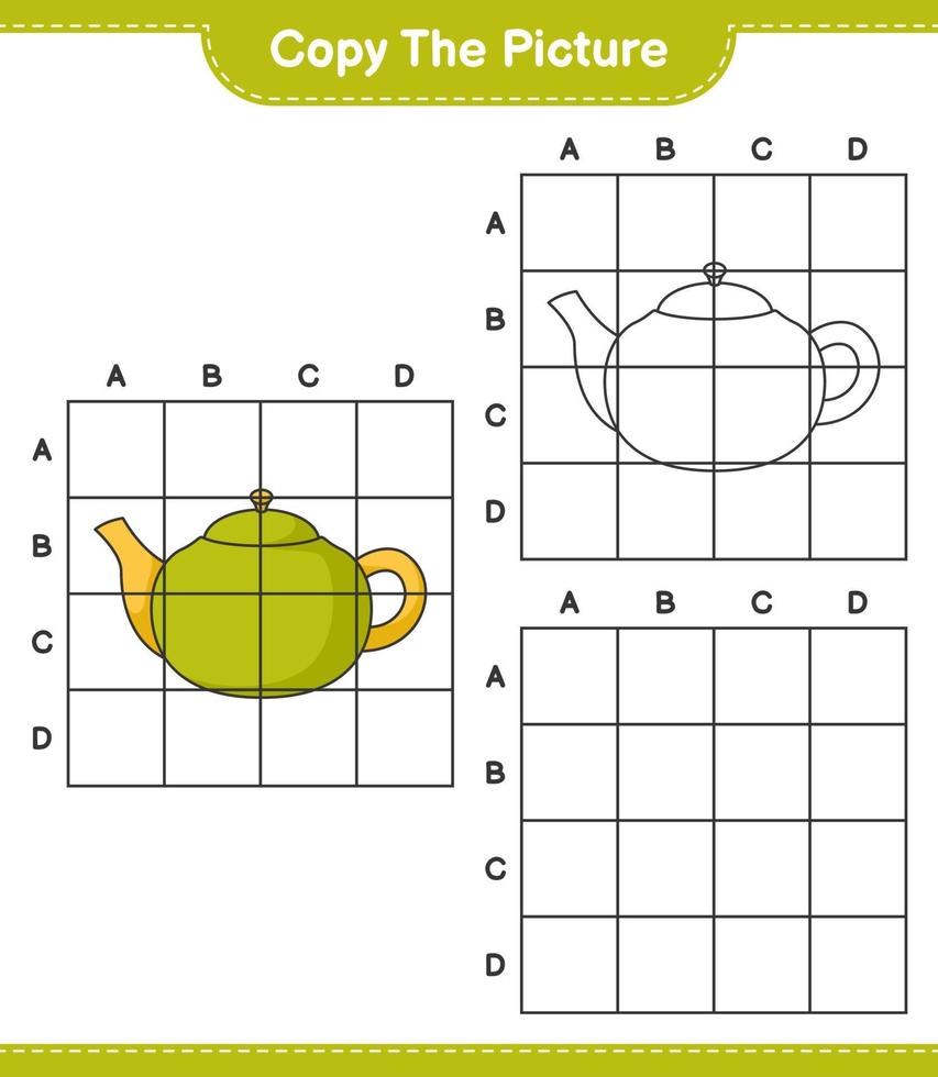 Copy the picture, copy the picture of Teapot using grid lines. Educational children game, printable worksheet, vector illustration