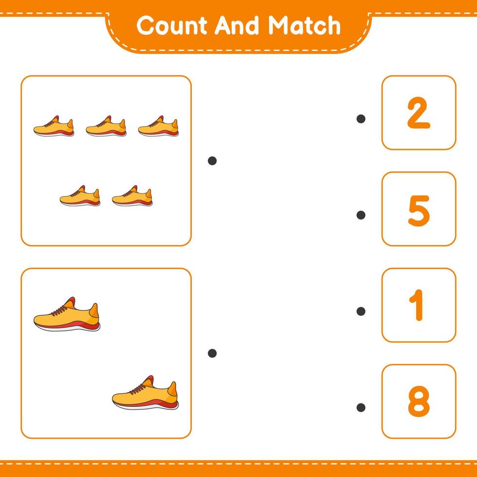 Count and match, count the number of Running Shoes and match with the right numbers. Educational children game, printable worksheet, vector illustration