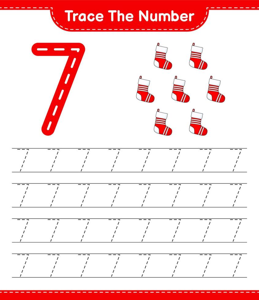 Trace the number. Tracing number with Christmas Sock. Educational children game, printable worksheet, vector illustration