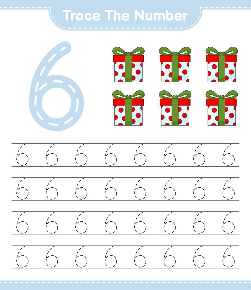 Trace the number. Tracing number with Gift Box. Educational children game, printable worksheet, vector illustration