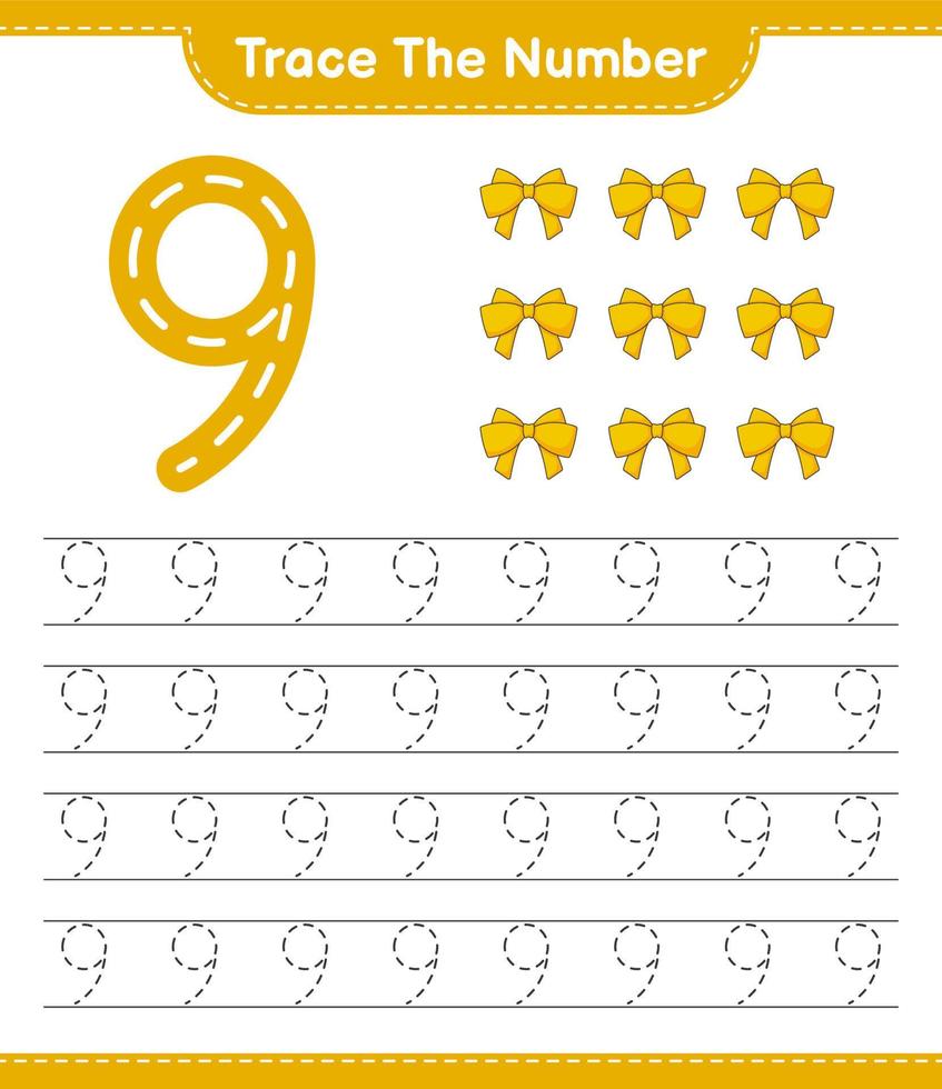 Trace the number. Tracing number with Ribbon. Educational children game, printable worksheet, vector illustration