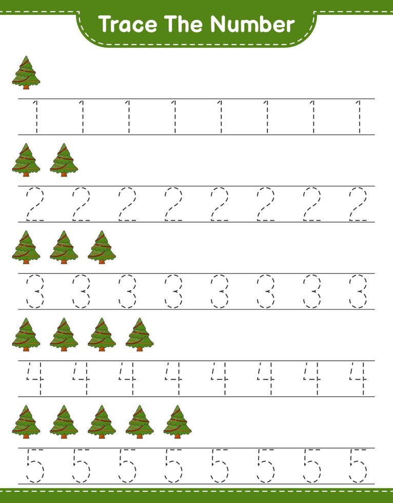 Trace the number. Tracing number with Christmas Tree. Educational children game, printable worksheet, vector illustration