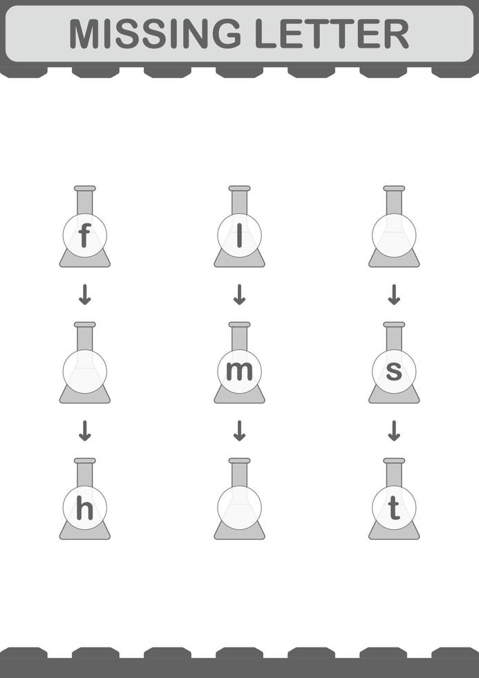 Missing letter with Erlenmeyer Flask. Worksheet for kids vector